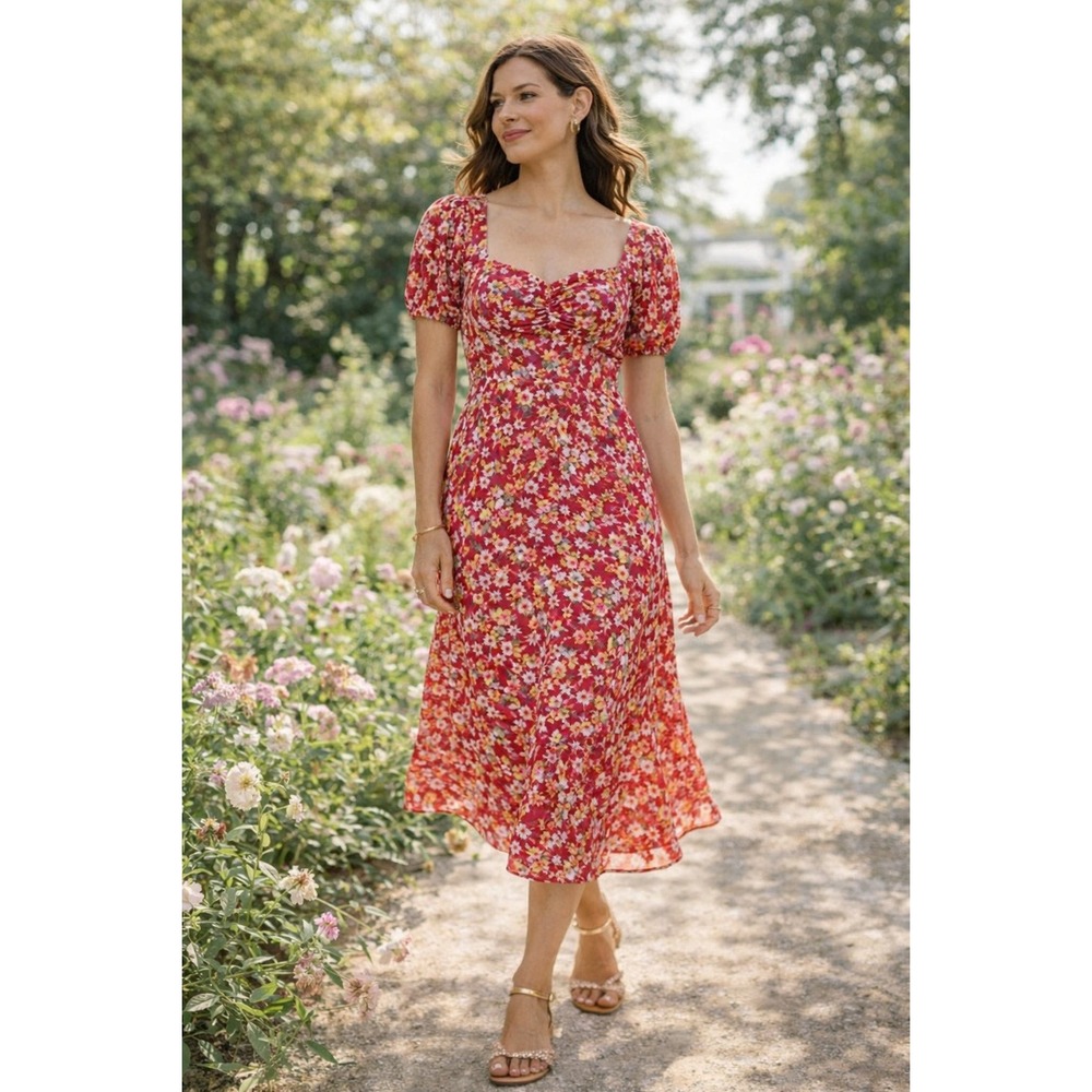NWT Sanctuary Floral Midi Dress Sweetheart Neck Puff Sleeve Red Size‎ 4